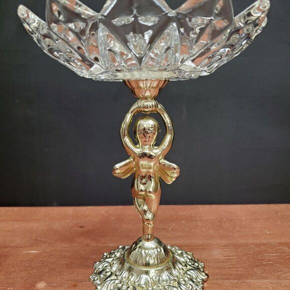 Vintage Compote Silver And Glass Cherub Angel Candy Pedestal Stand Dish - Picture 5 of 8